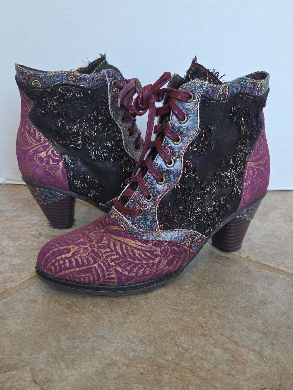 Socofy Wine Floral Embossed Leather Boho Lace Up Heeled Ankle Boots EU 38 US 7.5